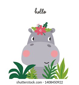 Cute cartoon vector print with hippo. Hand drawn print for kids. Can be used for T-shirt design and children's room decor.