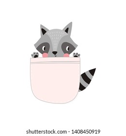 Cute cartoon vector print with raccoon. Hand drawn print for kids. Can be used for T-shirt design and children's room decor. cute animal in the pocket illustration