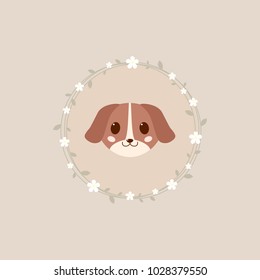 Cute cartoon vector puppy illustrution. Adorable baby dog icon on colorful background with flowers.