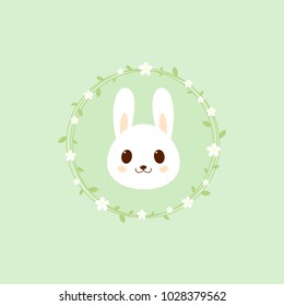 Cute cartoon vector rabbit illustrution. Adorable baby rabbit icon on green background with flowers.