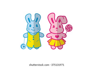 Cute cartoon vector rabbits illustration. Boy and girl.