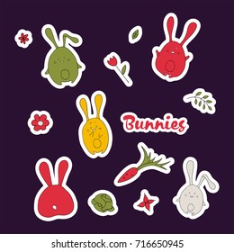 Cute cartoon vector rabbits set. Simple hand drawn color bunnies stickers.