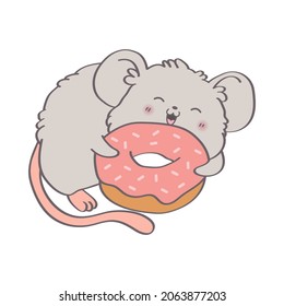 Cute cartoon vector rat. Smiling mouse eating pink donut. Kawaii clipart mouse for kids activity t shirt print, icon, logo, label, patch or sticker.