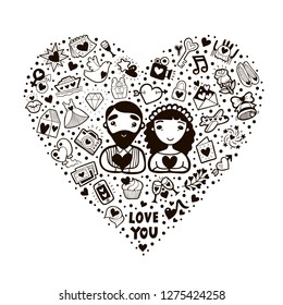 Cute cartoon vector romantic card illustration. Heart shape made of romantic signs: hearts, flowers, whale, gift, bird, cake, photos, etc. Vector heart shape filled with doodles