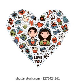 Cute cartoon vector romantic card illustration. Heart shape made of romantic signs: hearts, flowers, whale, gift, bird, cake, photos, etc. Vector heart shape filled with doodles