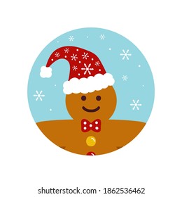 Cute cartoon vector round illustration of gingerbread man in red santa hat for Christmas, New Year design.
