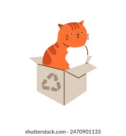 A cute cartoon vector scene depicting a lazy striped orange cat relaxing at ease in a gray cardboard box. Illustration isolated on a white background.