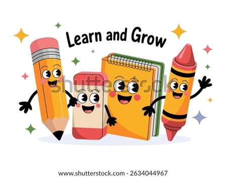 Cute cartoon vector of school supplies like pencils, eraser, and notebook with “Learn and Grow” text.