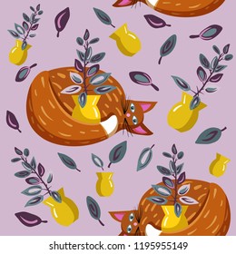 Cute cartoon vector seamless pattern with fat red cat hugs home plant, plant pot and violet leaves. Background, textile print, background. Illustration for kitchen or child room.