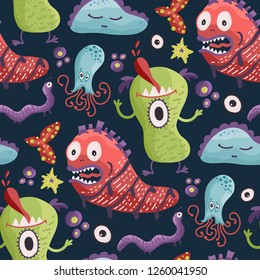Cute cartoon vector seamless pattern with cute different color monsters in a flat style.