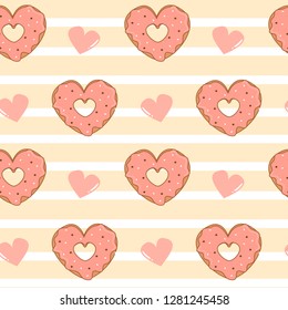 cute cartoon vector seamless pattern striped background heart shaped donuts with pink glaze  valentine illustration