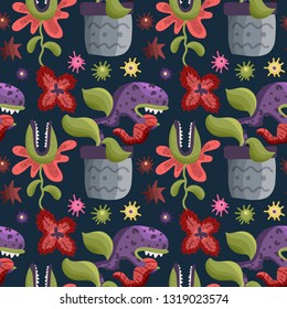 Cute cartoon vector seamless pattern with cute color monster predator flowers in a flat style. Carnivorous plants.