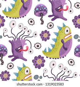 Cute cartoon vector seamless pattern with cute color monsters in a flat style.