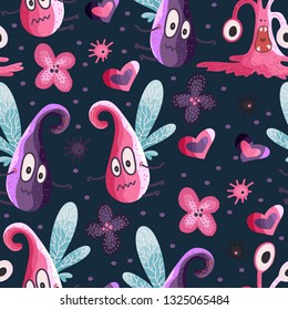 Cute cartoon vector seamless pattern with cute color flying monsters in a flat style.
