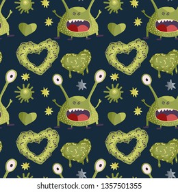 Cute cartoon vector seamless pattern with cute green monsters in a flat style.