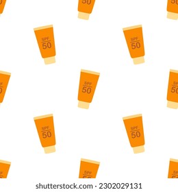 cute cartoon vector seamless pattern with bottles of sunscreen isolated on white background