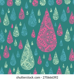 Cute cartoon vector seamless pattern with stylized ornate drops. Stylish doodle background. Endless texture for wrapping paper, package, web, print, textile.