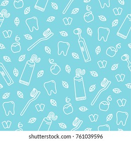 Cute cartoon vector seamless pattern with teeth, toothbrushes, chewing gum, mint leaves, toothpaste and dental floss.