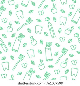 Cute cartoon vector seamless pattern with teeth, toothbrushes, chewing gum, mint leaves, toothpaste and dental floss.