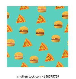 Cute cartoon vector Seamless summer fast food hamburger pizza background pattern