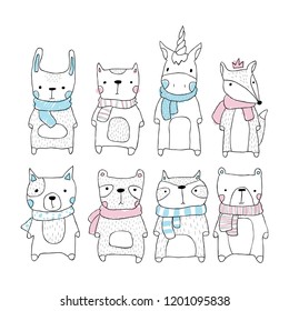 Cute cartoon vector set of animals in scandinavian style for kids. Hare cat unicorn fox dog bear panda raccoon.