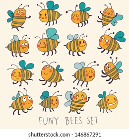 Cute cartoon vector set in bright colors. Funny bees in vector. Childish set with cute insects
