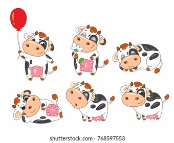 Cute cartoon vector set with cows. Funny calf. Vector illustration for kids.