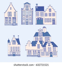 Cute cartoon vector set of hand drawn houses on a colored background. Vector illustration of house style collection.
