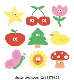 Cute Cartoon Vector Set – Kawaii Nature, Fruits, and Animals