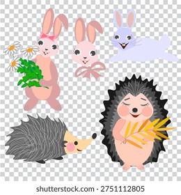 Cute cartoon vector set of pink bunnies with daisies and bows and adorable hedgehogs holding yellow rowan leaves, on transparent background, perfect for nursery and children designs.