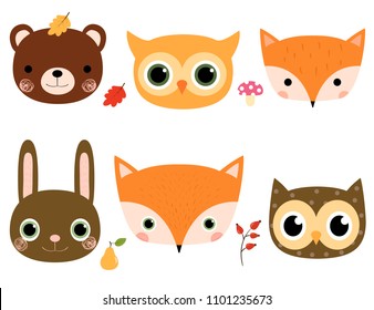 Cute cartoon vector set with woodland animal faces in flat style for children designs and greeting cards