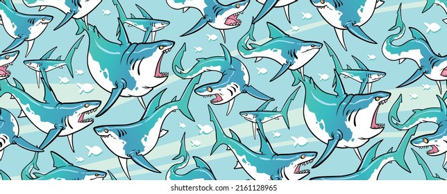 Cute cartoon vector sharks seamless pattern on light blue wavy background with fishes. Funny sharks for backdrop