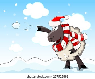 Cute Cartoon Vector Sheep With Hat And Scarf Playing With Snowball