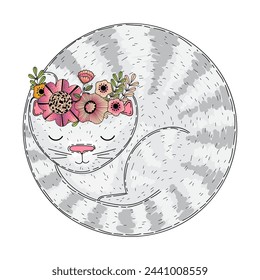 Lindo vector de dibujos animados gato durmiente, flores y hojas aisladas sobre fondo blanco