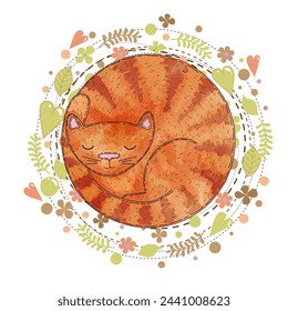 Lindo vector de dibujos animados gato durmiente, flores y hojas aisladas sobre fondo blanco