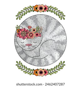 Cute cartoon vector sleeping cat, flowers and leaves isolated on white background