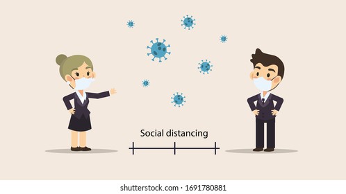 Cuta caricatura vector de distanciamiento social, 2 empresario y mujer mantienen la distancia en la sociedad pública para proteger del concepto de propagación del brote de coronavirus COVID-19,