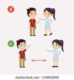 Cute cartoon vector of Social distancing ,protect from COVID-19 coronavirus outbreak spreading concept. right way and wrong way.