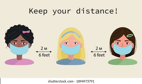 Cute Cartoon Vektor sozialen Distanzierung, 3 Mädchen halten ihre Distanz in der Zivilgesellschaft Menschen, um gegen das Konzept der Verbreitung von Coronavirus-Ausbruch COVID-19 zu schützen