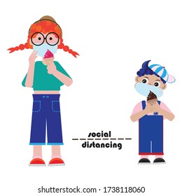Cute cartoon vector of Social distancing,man and woman character wearing surgical or medical face mask maintain social distancing to prevent from virus.