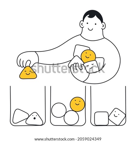 A cute cartoon vector is sorting different geometric figures. Sorting, playing, distributing, creating sets from different elements or cubes. Thin line vector illustration on white