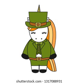 cute cartoon vector St Patrick's Day unicorn leprechaun isolated on white background