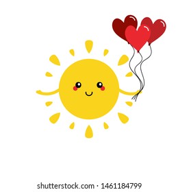 Cute cartoon vector sun character, smiling, holding a bunch of heart-shaped balloons in hand for St. Valentines Day design.
