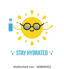 Cute cartoon vector sun character in sunglasses holding a bottle of water in hand. Stay hydrated illustration, card, concept.
