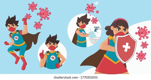 Cute cartoon vector, super heroes vs viruses and bacteria.