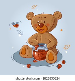 Cute cartoon vector Teddy bear with jam, isolated on background