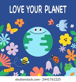 Cute cartoon vector template for Earth Day, Word Environment Day. Kids environment concept for poster, web banner, print.