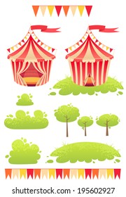 Cute cartoon vector tent show circus with set of banners and stripes