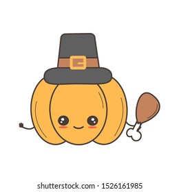 Cute Cartoon Vector Thanksgiving Card With Pumpkin Holding Turkey Leg