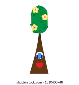 Cute cartoon vector tree of love with blue bird, yellow blossoms and heart